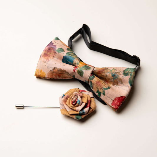 Set of floral bow tie and matching brooch, featuring a beautiful rose design and vibrant colors.
